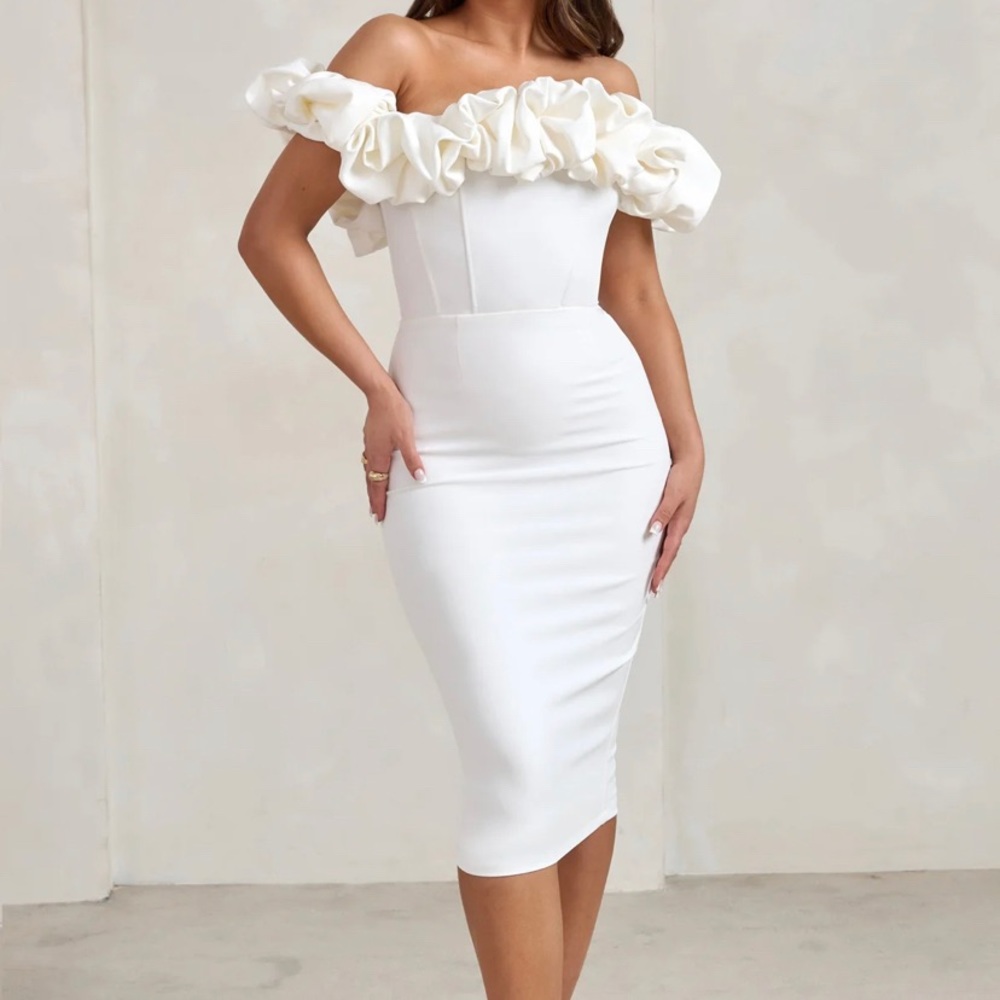 White Structured Statement Bardot Midi Dress For Sale!!!